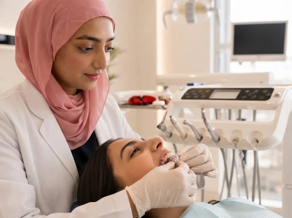 Female dentist fitting custom clear aligner tray into patient's mouth at Beverly Hills Clinic
