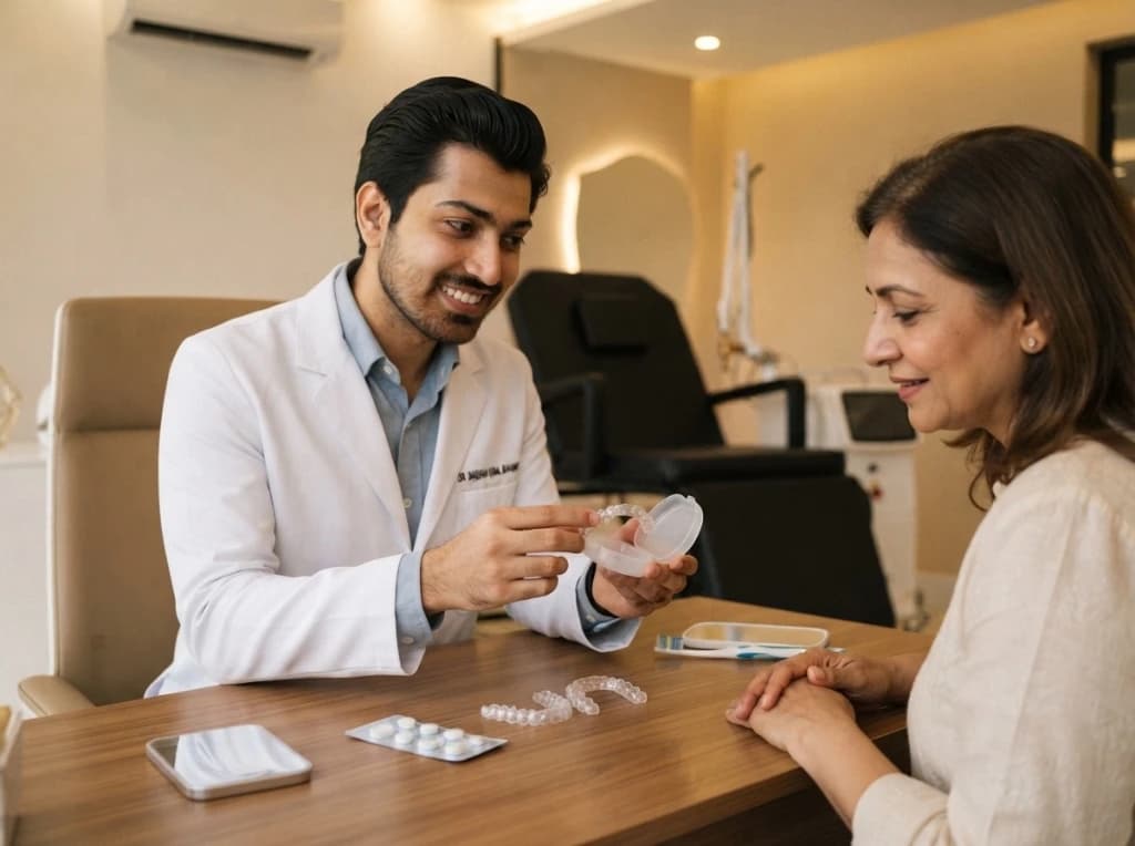 Doctor explaining clear aligners treatment case and aligner trays to patient at Beverly Hills Clinic