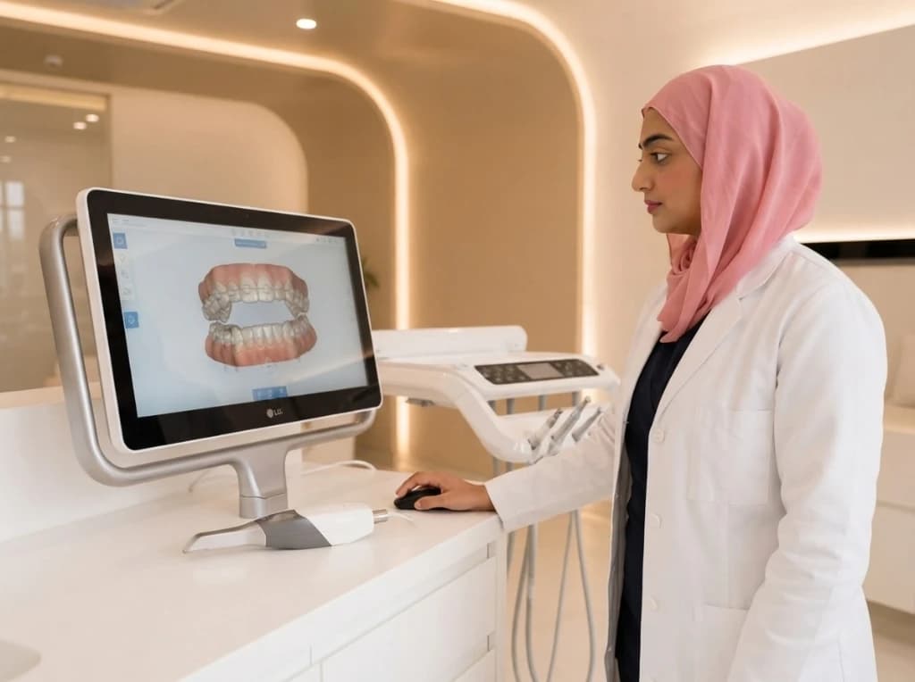 Specialist analyzing 3D digital teeth scan on high-tech intraoral scanner screen at Beverly Hills Clinic Karachi